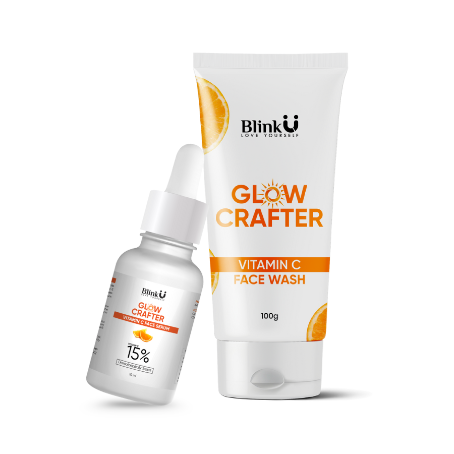 BlinkU Glow Crafter Vitamin C Face Wash and serum on a white background