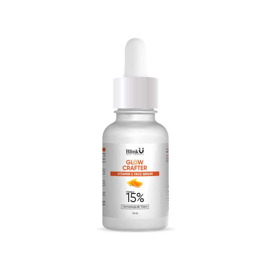 Bottle of Blink U Glow Crafter Vitamin C face serum on a white background