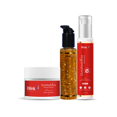 Blink skincare products including a cream, oil, and serum on a white background