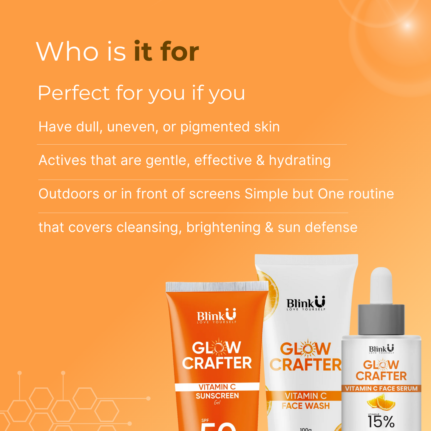 Blinku skincare product graphic showing benefits and usage