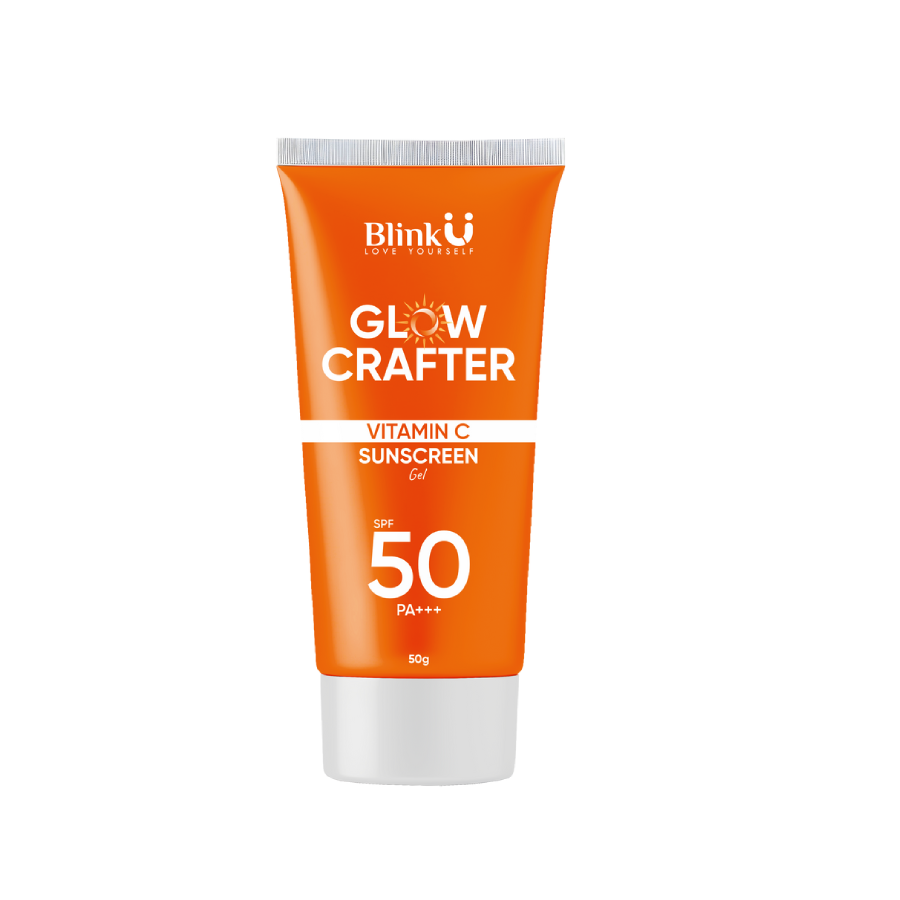 Orange sunscreen tube labeled 'Glow Crafter' with SPF 50 on a white background
