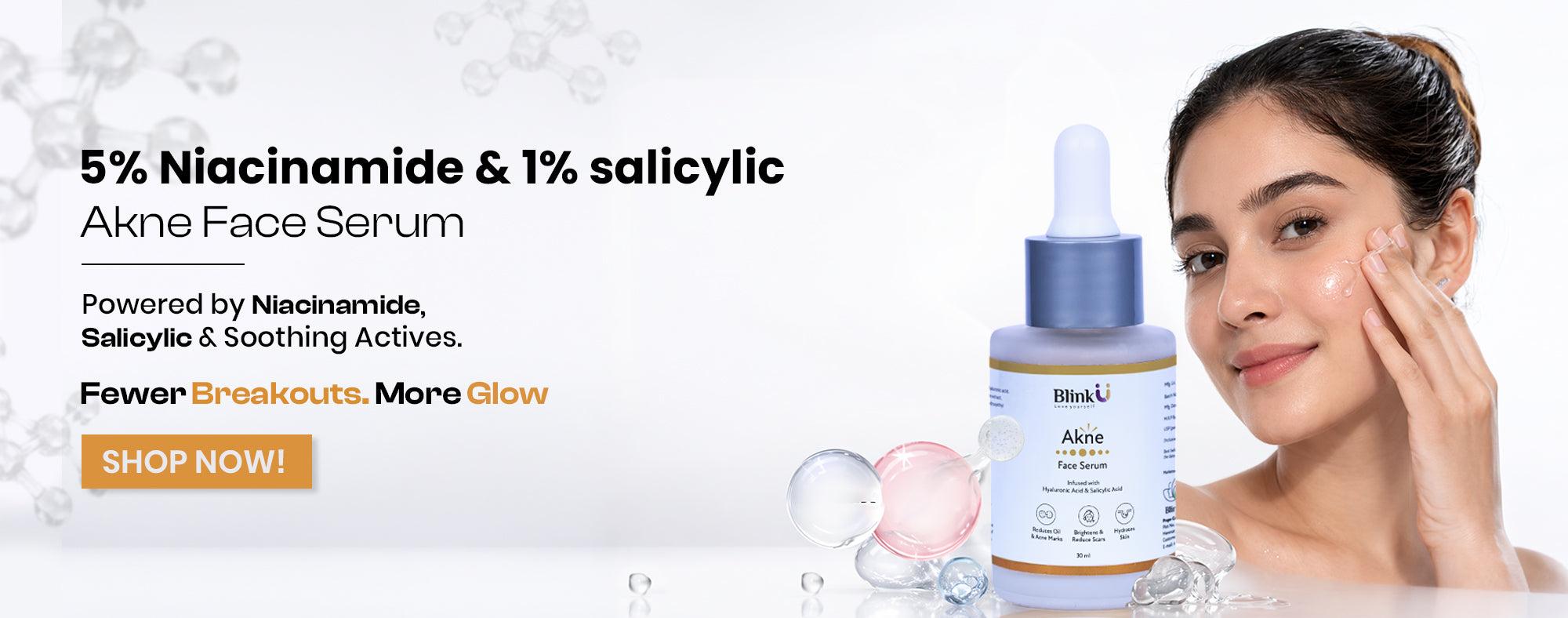 BlinkU Akne Face Serum with a woman applying it on her face, on a light gray background.