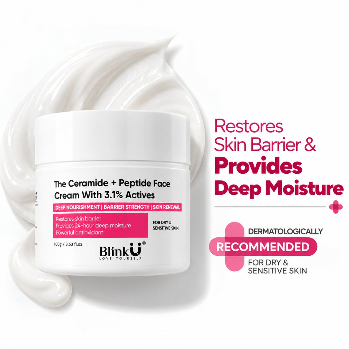 Ceramide + Peptide Face Cream with 3.1% Actives, Vitamin E + Caraplex 6T10 & Betaine – 100g