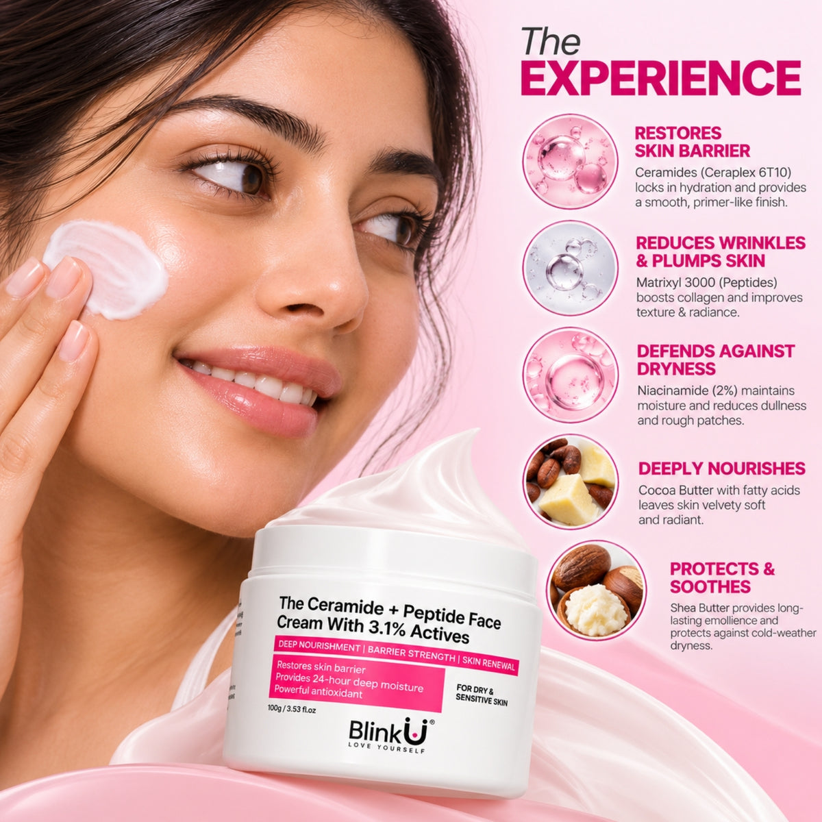 Ceramide + Peptide Face Cream with 3.1% Actives, Vitamin E + Caraplex 6T10 & Betaine – 100g